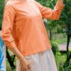Orange Linen Boat Neck Long Sleeve Top