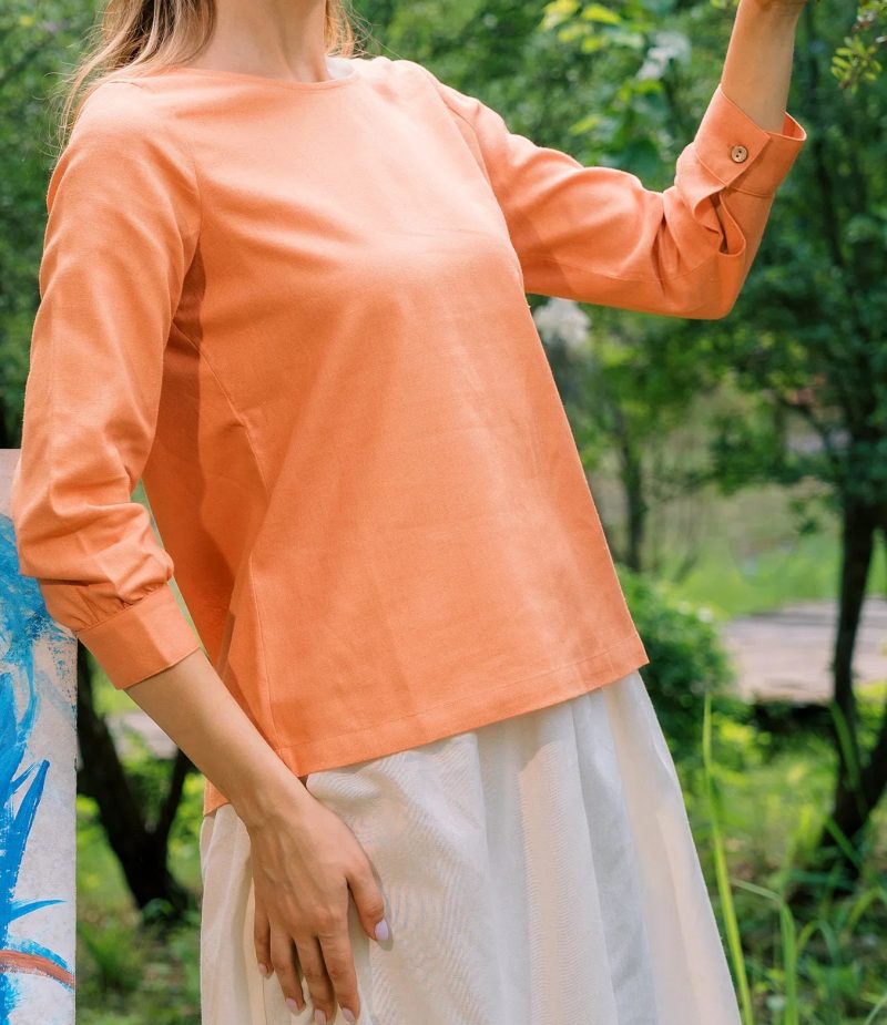 Orange Linen Boat Neck Long Sleeve Top