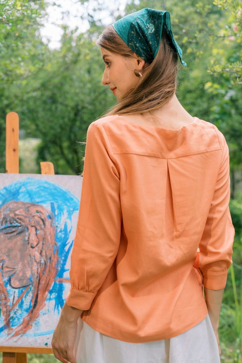 Orange Linen Boat Neck Long Sleeve Top - Image 2