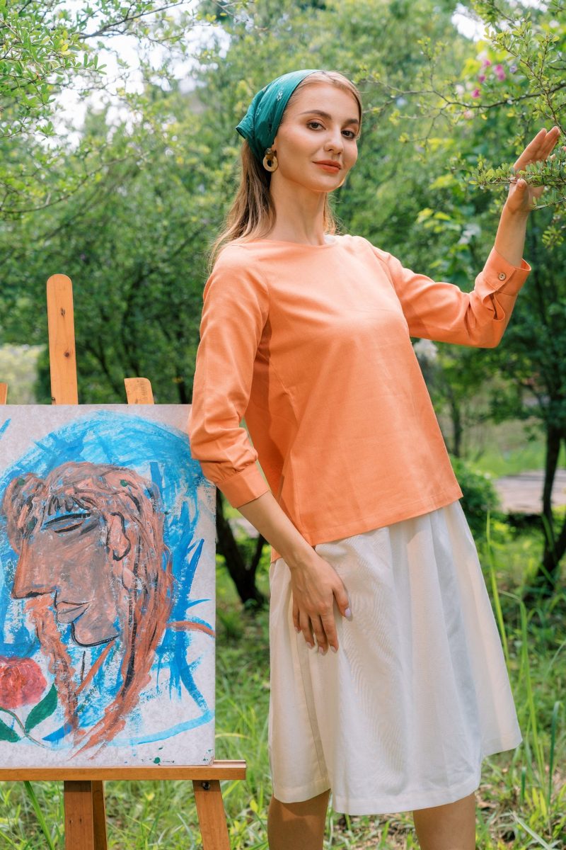 Orange Linen Boat Neck Long Sleeve Top - Image 3