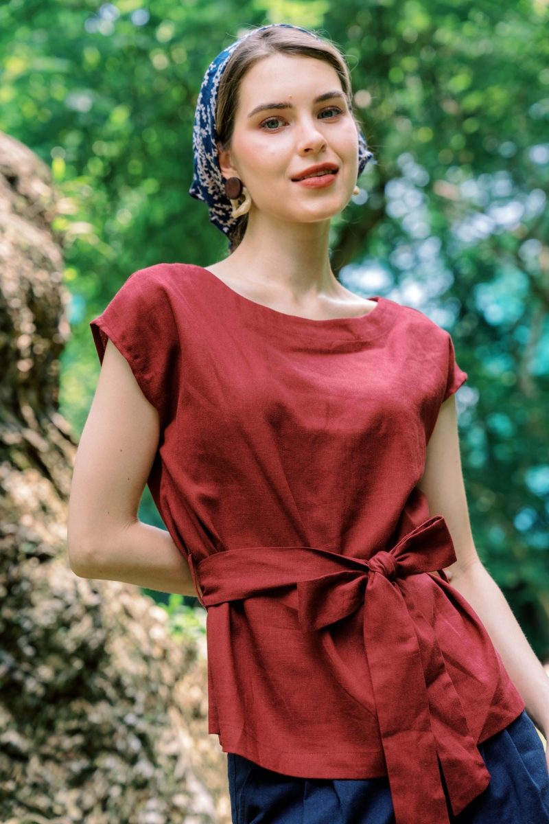 Red Women's Linen Belted Top - Image 2