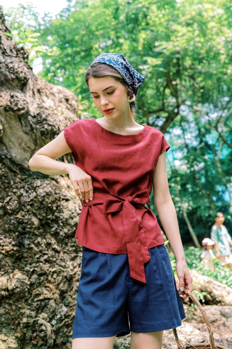 Red Women's Linen Belted Top