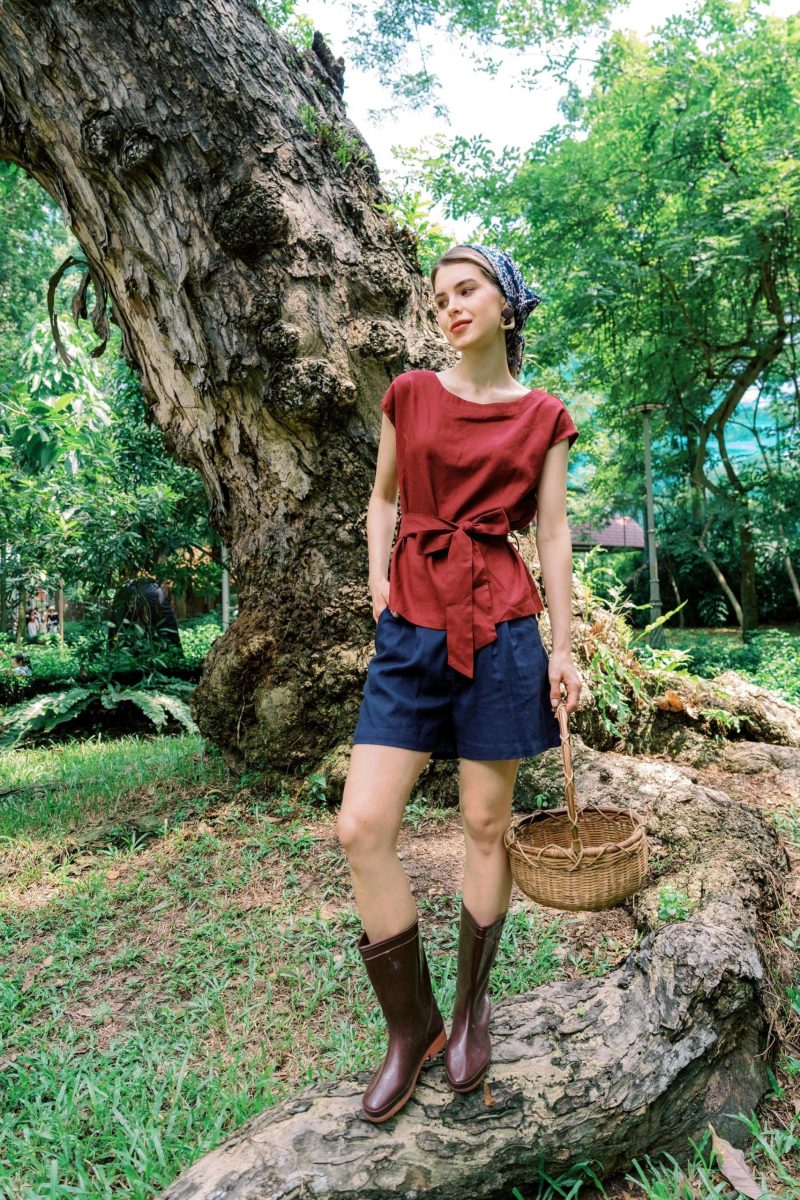 Red Women's Linen Belted Top - Image 3