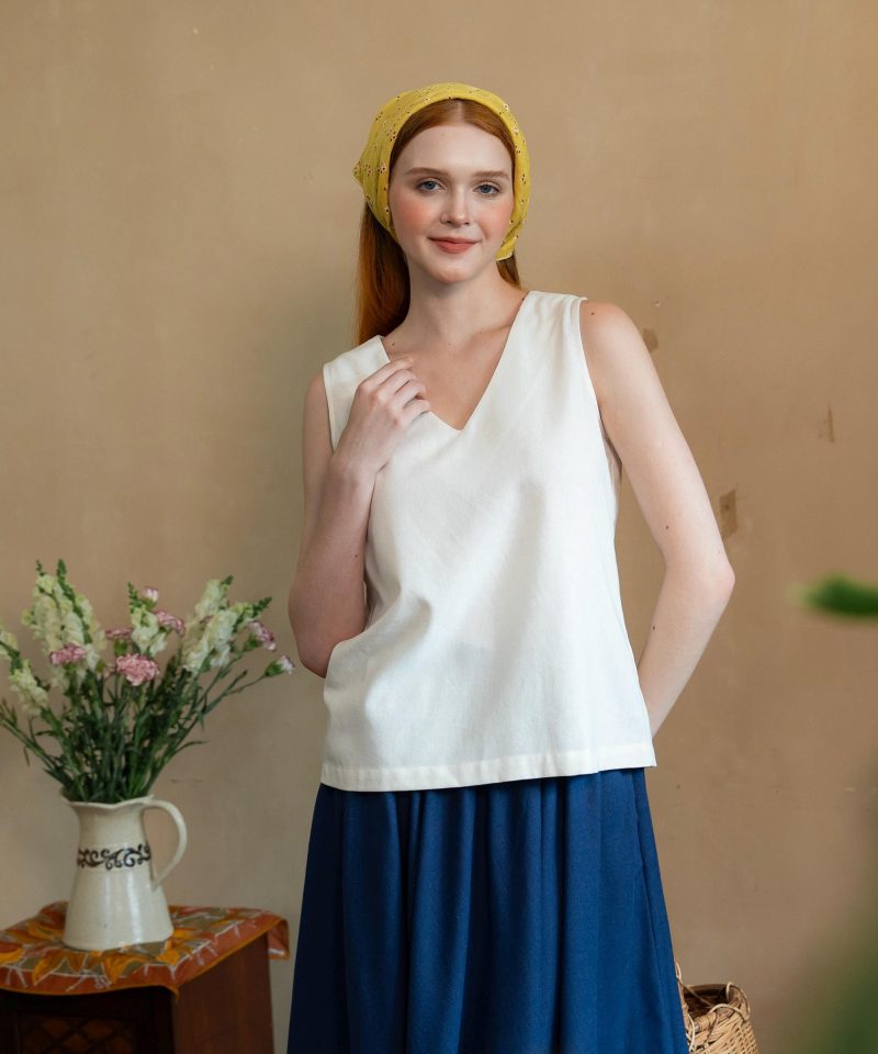 White Linen V Neck Sleeveless Top