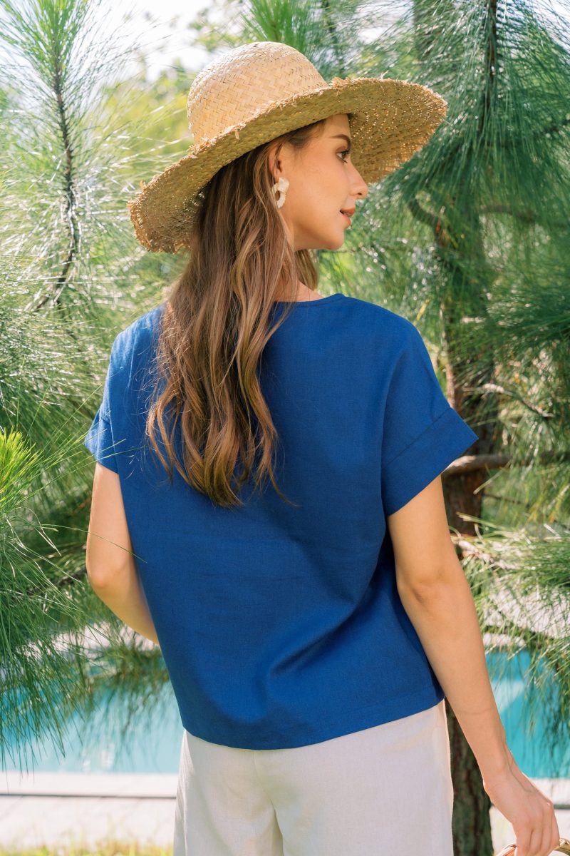 Blue Casual Linen T-Shirt - Image 2