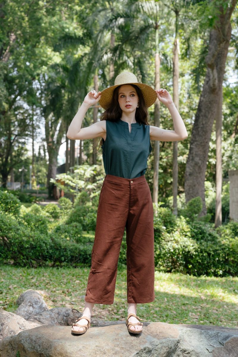 Green Linen Open Neck Tank Top