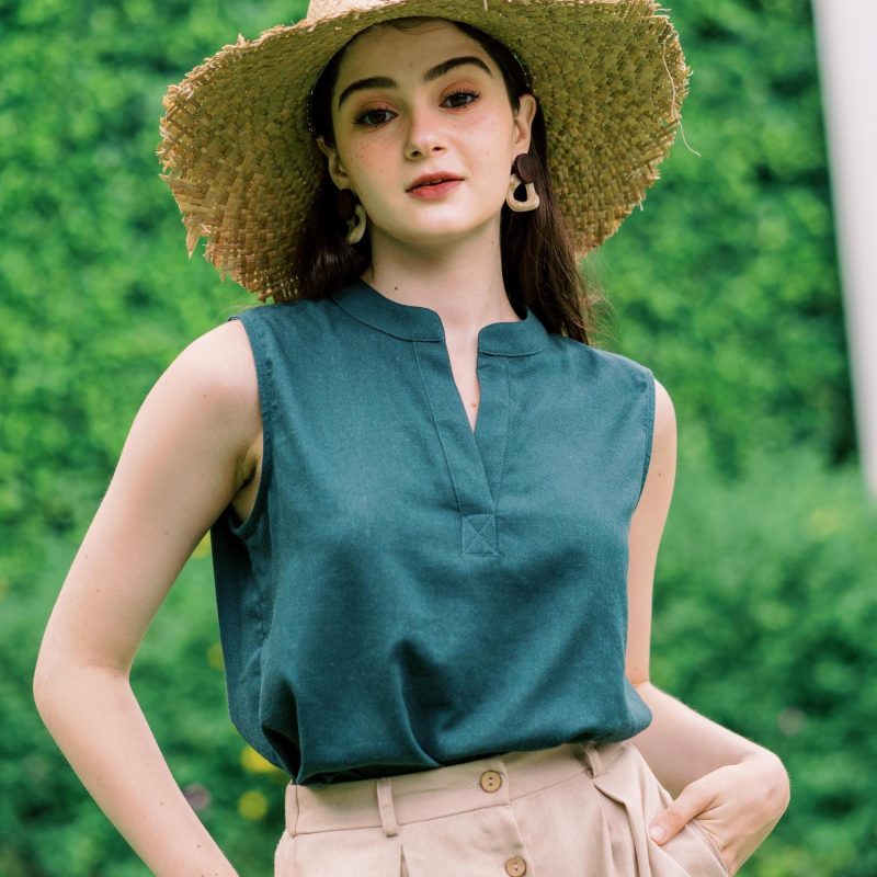 Green Linen Open Neck Tank Top - Image 4