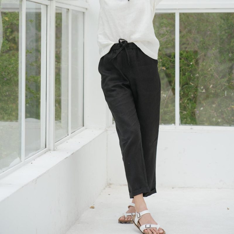 Black Linen Tie-Strap Trousers