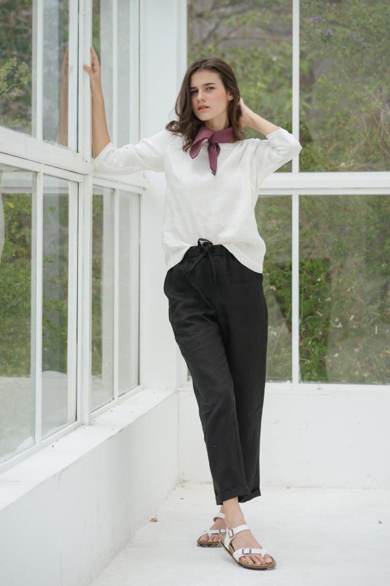 Black Linen Tie-Strap Trousers - Image 3