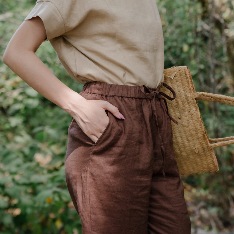 Brown Linen Elastic Waist Trousers - Image 2