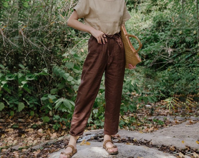 Brown Linen Elastic Waist Trousers