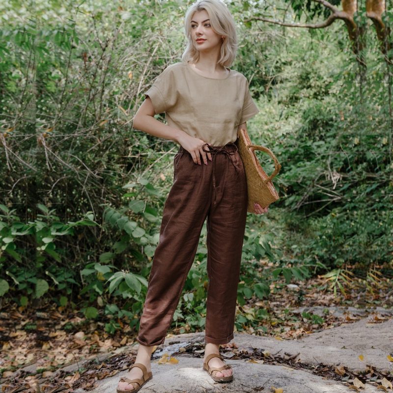Brown Linen Elastic Waist Trousers - Image 3