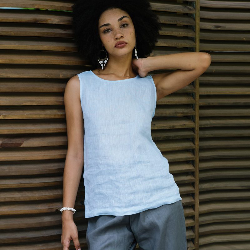 Blue Sleeveless Linen Tank Top