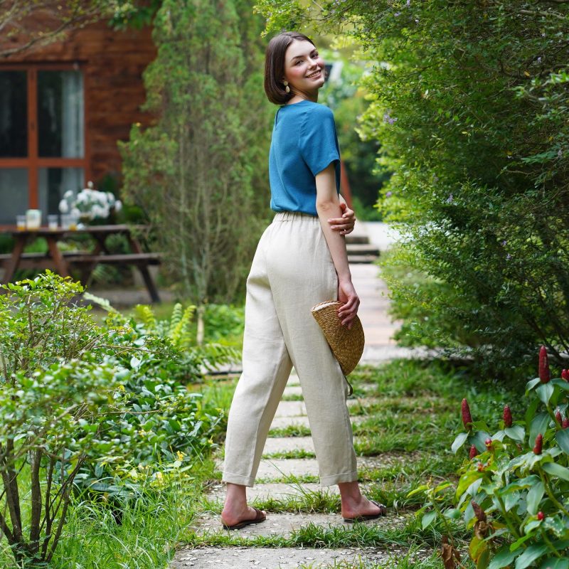Apricot Linen Elastic Waist Pants - Image 3
