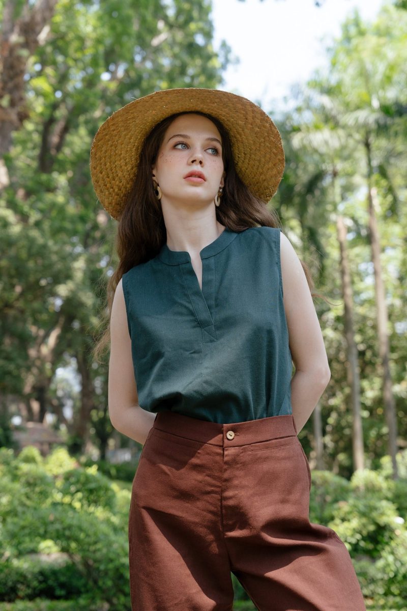 Brown Linen Elastic Waist Trousers - Image 2