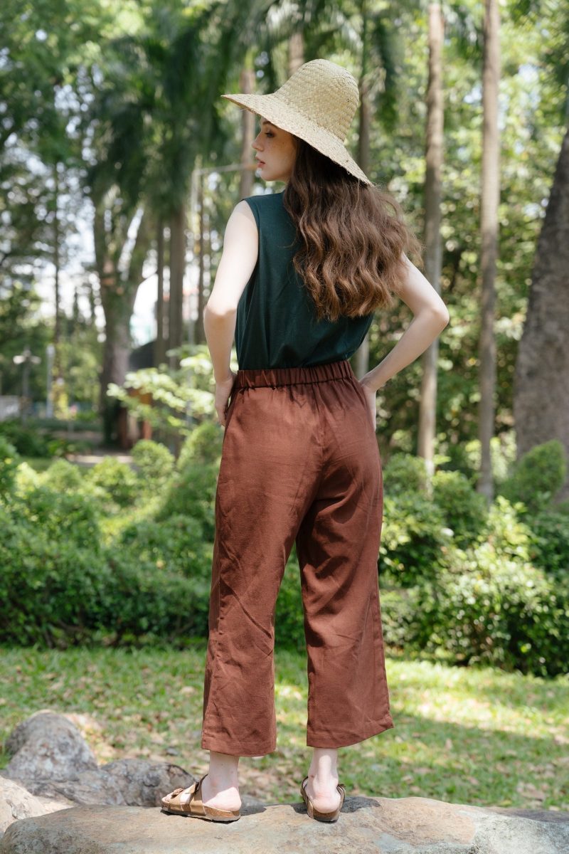 Brown Linen Elastic Waist Trousers - Image 3