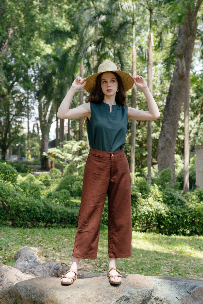 Brown Linen Elastic Waist Trousers - Image 4