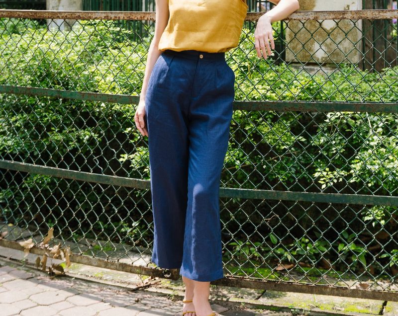 Blue Linen Elastic Waist Trousers