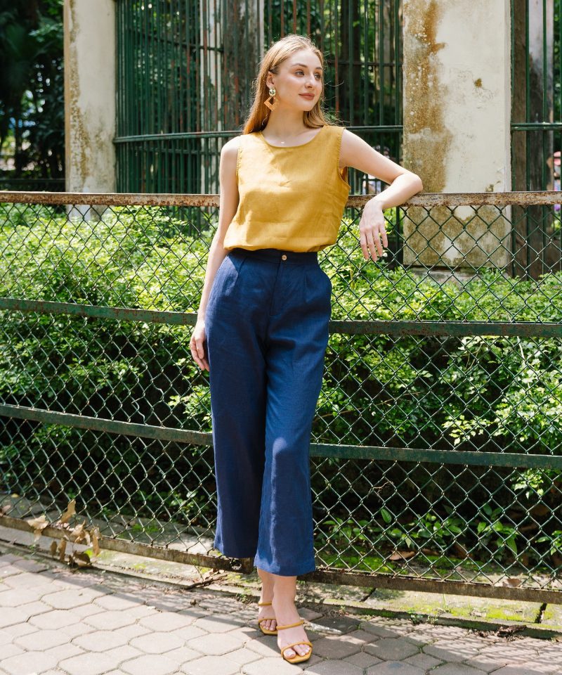 Blue Linen Elastic Waist Trousers - Image 2
