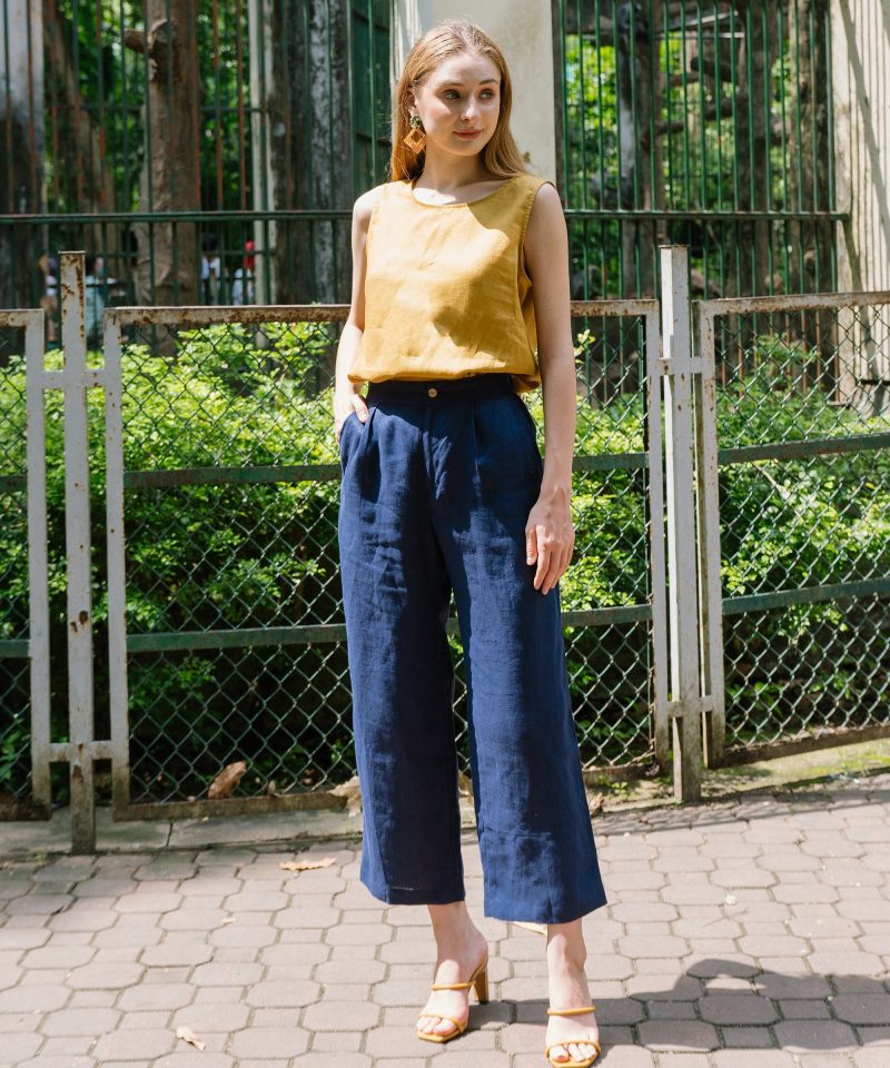Blue Linen Elastic Waist Trousers - Image 3