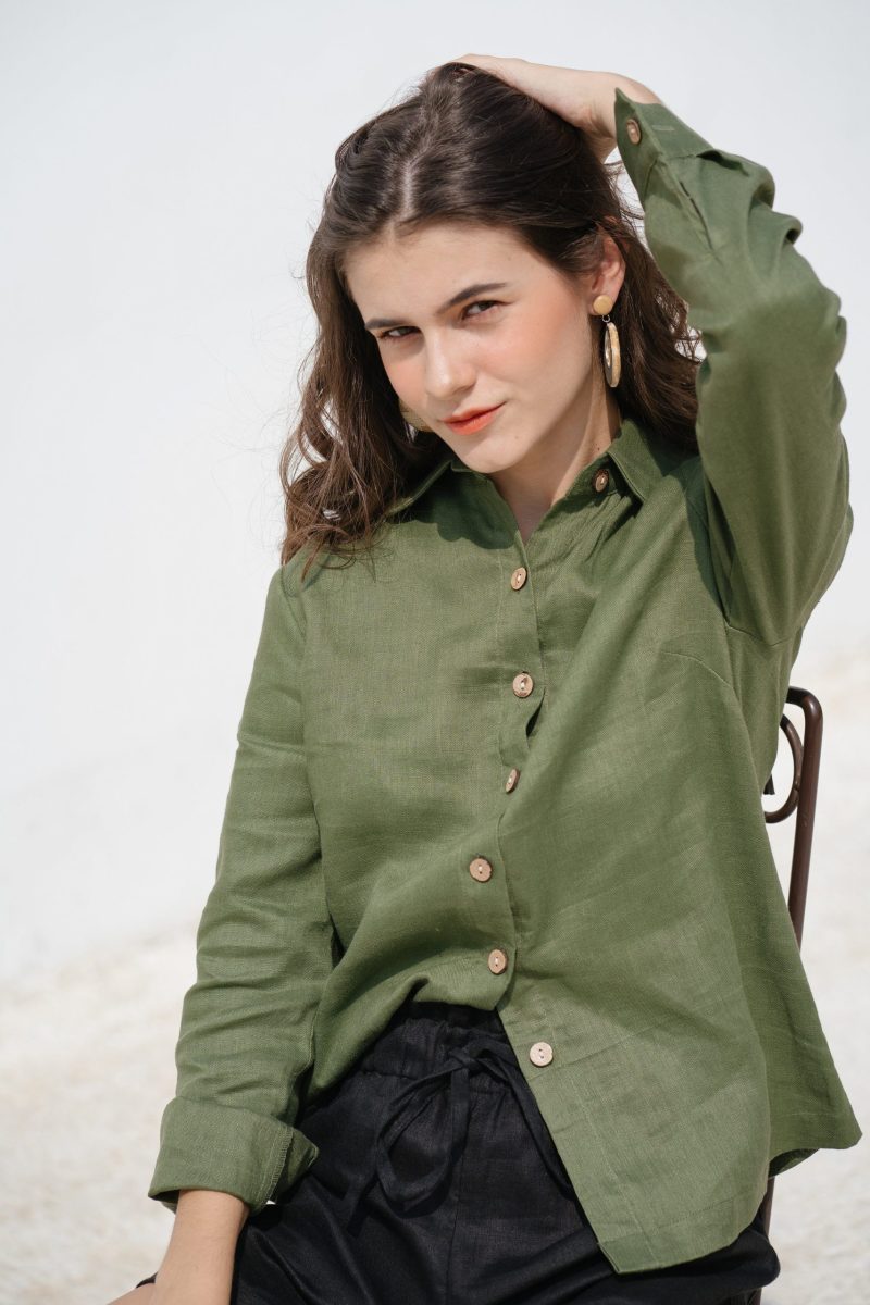 Green Linen Long Sleeve Shirt - Image 2
