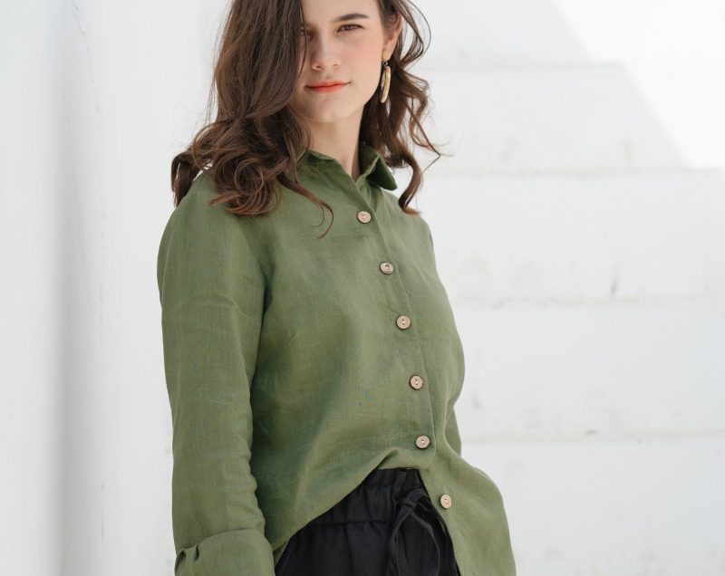 Green Linen Long Sleeve Shirt - Image 3