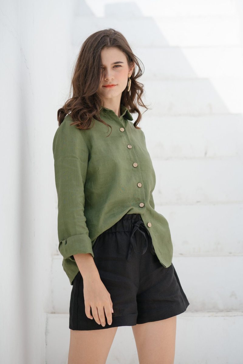 Green Linen Long Sleeve Shirt