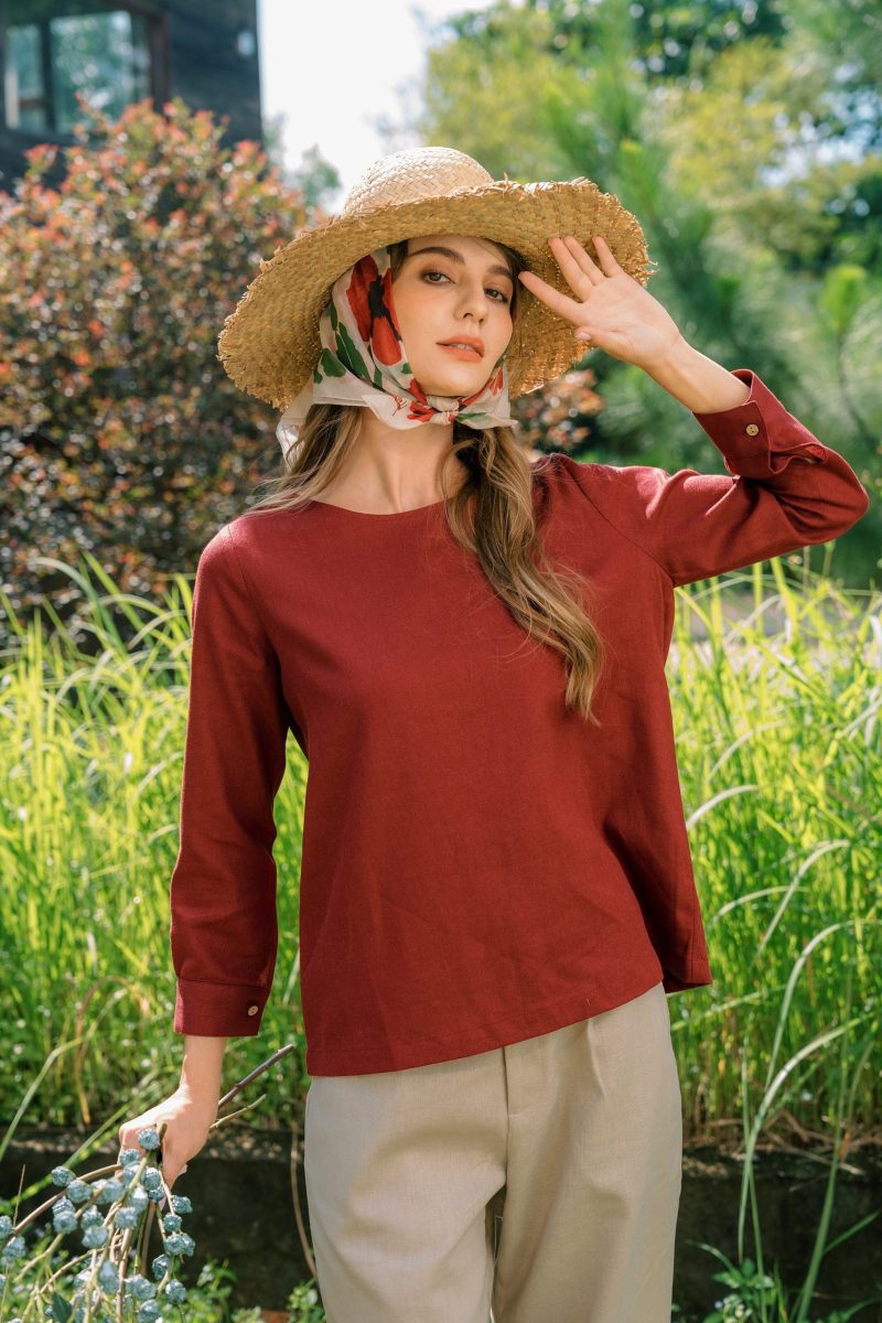 Burgundy Linen Long Sleeve Top