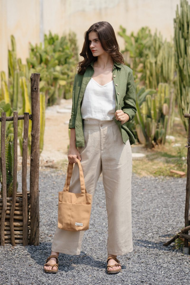 Apricot Linen Buttoned Trousers - Image 3