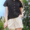 Black Linen Short Sleeve Button-Down Shirt
