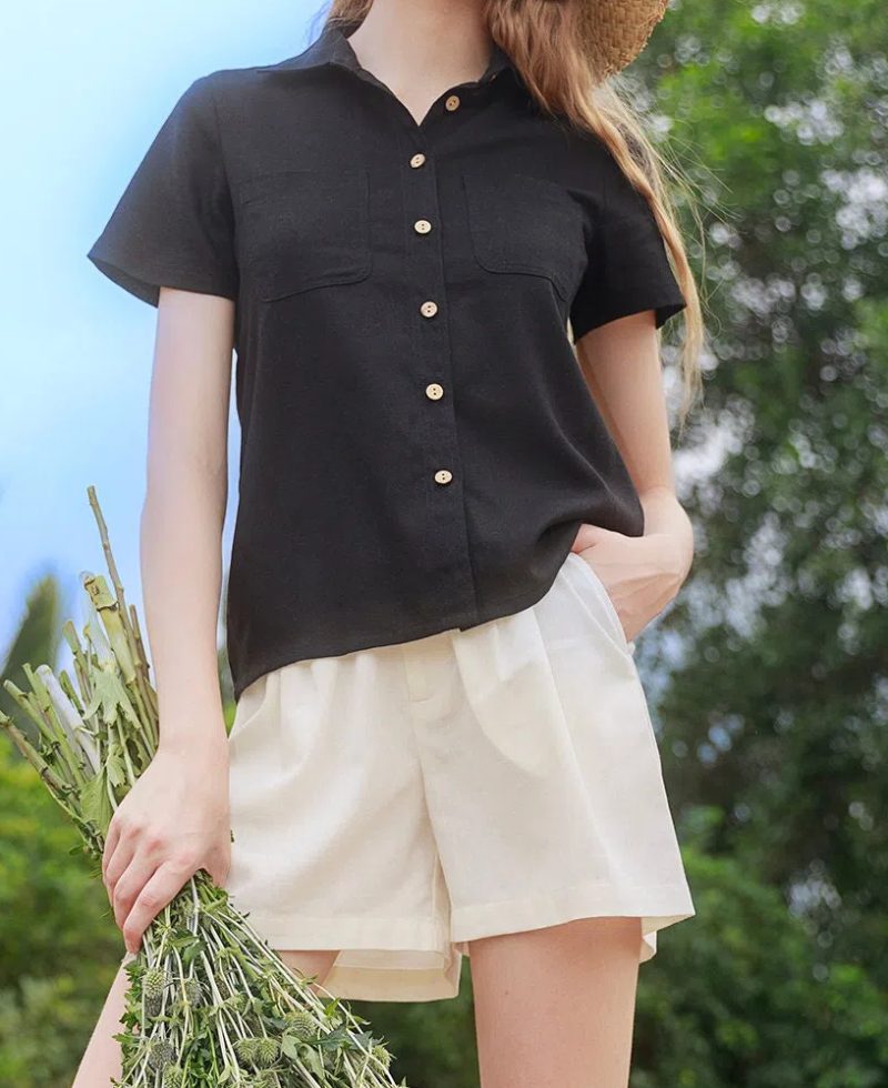 Black Linen Short Sleeve Button-Down Shirt