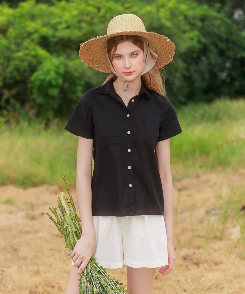 Black Linen Short Sleeve Button-Down Shirt - Image 3