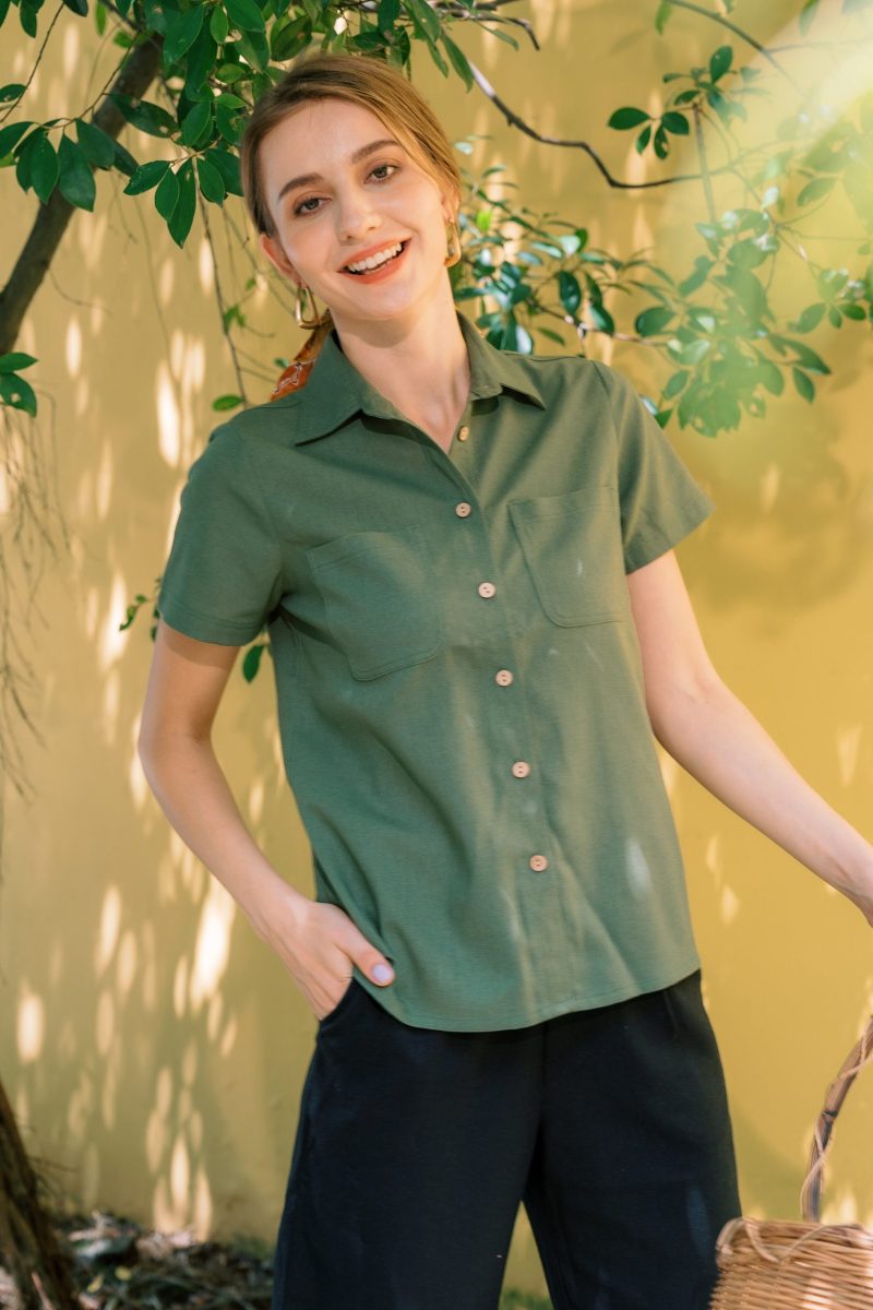 Green Linen Short Sleeve Shirt